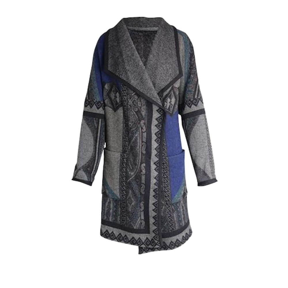 Etro Coat Wool Blend Geometric Python Print Open Front Coat Gray Blue Size 42